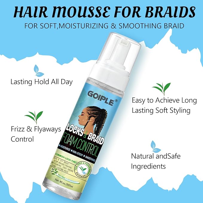 8 fl oz Braid Foam Control Mousse Braiding Hair Mousse for Braids Twist, Locs, No Flake Extra Hold High Shine Style & Moisturizes, Nourishes, Lightweight, Smooth, No Greasy Tea Tree