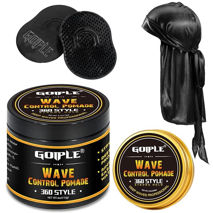 Natural Wave Pomade for Men Strong Hold, Easy Wash 360 Training Hair Cream, Grease Promotes Layered Waves, Moisture, Control and Silky Shine (with Travel Size)