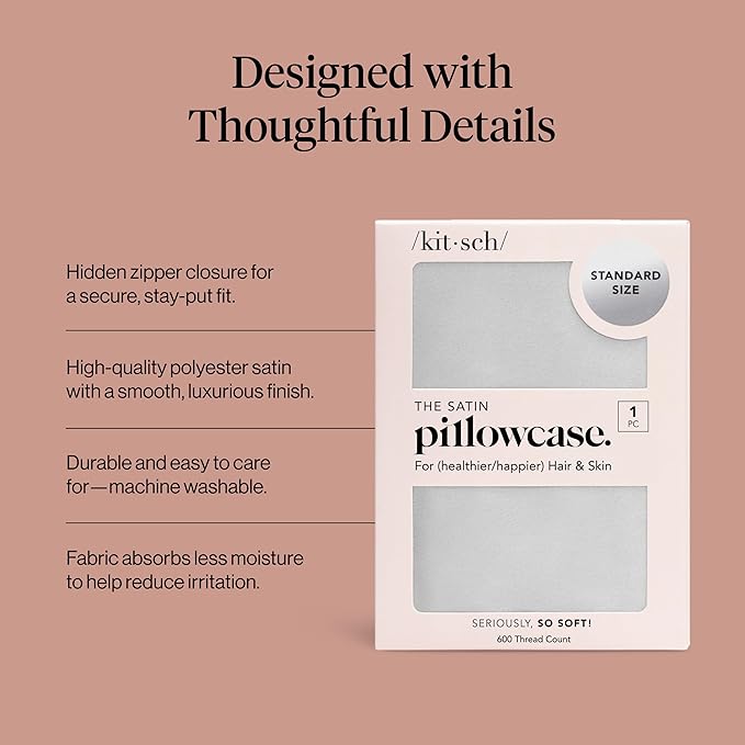 Kitsch Satin Pillowcase with Zipper for Hair & Skin, Softer Than Silk Pillow Cases Queen, Wrinkle-Free, Smooth and Cooling Satin Pillow Covers, Standard Size 19"x26", Silver