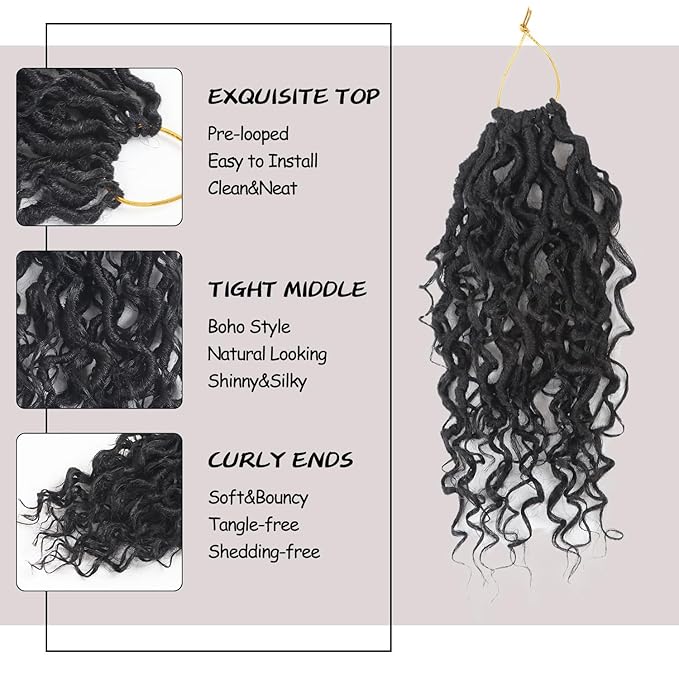 12 Inch Boho Style Synthetic Faux Locs Crochet Hair, 9 Packs, River Locs Hair Extensions, Pre looped, Curly Ends