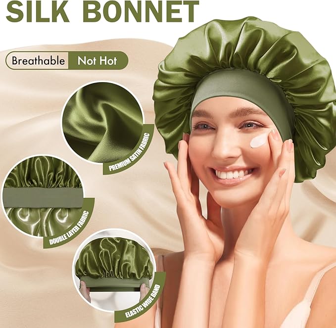 Satin Silk Bonnet for Sleeping, Double Layer Silk Sleep Cap for Men & Women, Soft Satin Lined Bonnet for Curly Hair