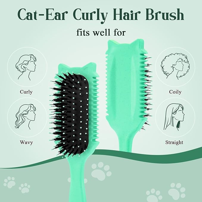 Curly Hair Brush, Curl Defining Brush for Effortless Curly Hair Care, Funny Cat Ear Type Curl Brush Suitable for Wet & Dry Hair,Women and Men,Reduces Frizz (Green)
