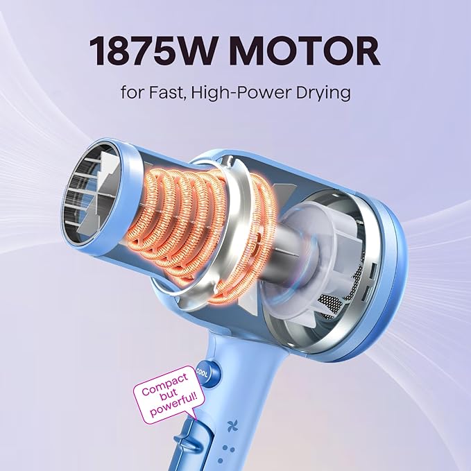 Wavytalk Hair Dryer, Blown Away Ionic Hair Dryer for Curly Hair with Diffuser, 1875W Fast Drying Blow Dryer with Ceramic Technology, 3 Attachments for All Hair Types, Light and Quiet, Light Blue