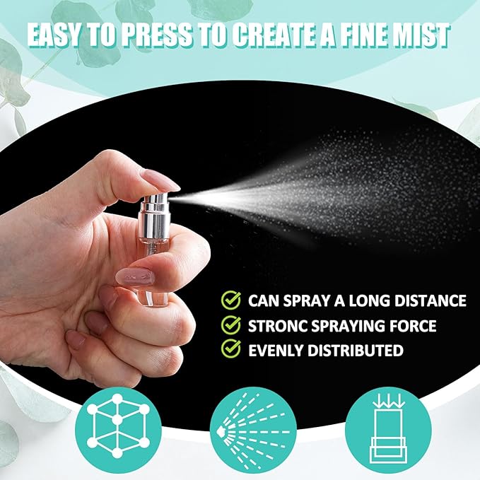 Zhehao 50 Pcs Mini Spray Bottles 3 ml Clear Glass Perfume Bottles Refillable Fine Mist Perfume Atomizer Portable Empty Sample Containers for Cleaning, Essential Oils, Travel (Silver Cap)