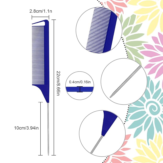 Patelai 30 Pieces Rat Tail Combs Bulk, Hair Teasing Fine Tooth Pintail Combs Braiding Hair Styling Tools with Steel Pin for Stylists Salon Teasing Sectioning Coloring Detangling(Navy Blue)