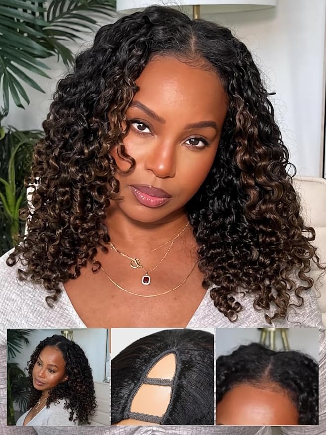 Julia Hair EasiContour V Part Curly Wigs Human Hair 12A Ombre Black to Chestnut Brown Glueless Wigs Clip in Vpart Wig No Leave Out Upgrade U Part Wig Beginner Friendly Ready to Go 20 Inch
