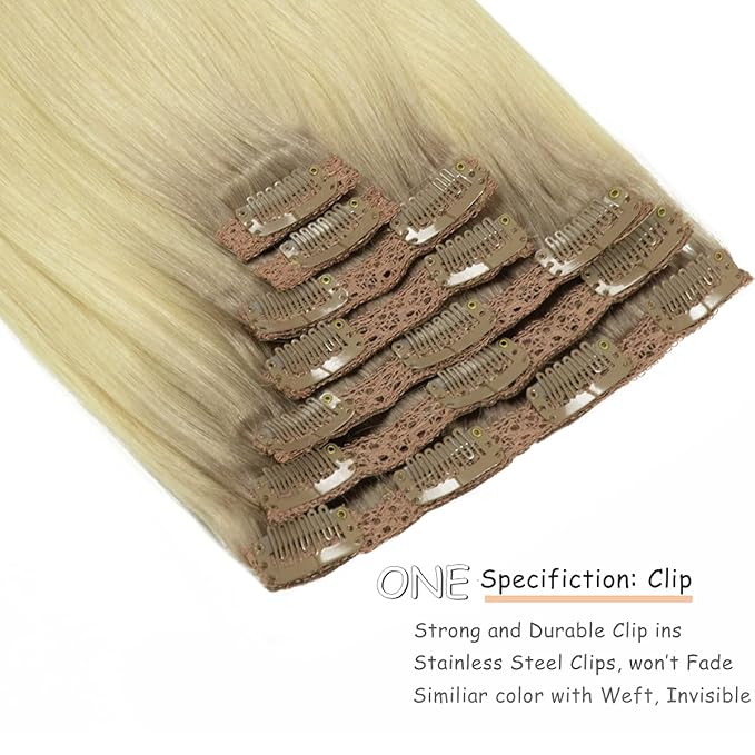 Caliee 14 Inch Human Hair Extensions Clip in R20/60A Ombre Sunkissed Blonde Roots to Platinum Blonde Clip in Hair Extensions Remy Hair Full Head Silky Straight Natural Hair Extensions 120G 7PCS
