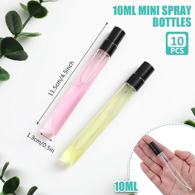 Zhehao 10 Pcs Mini Spray Bottles 10 ml Clear Glass Perfume Bottles Refillable Fine Mist Perfume Atomizer Portable Empty Sample Containers for Cleaning, Essential Oils, Travel (Black Cap)