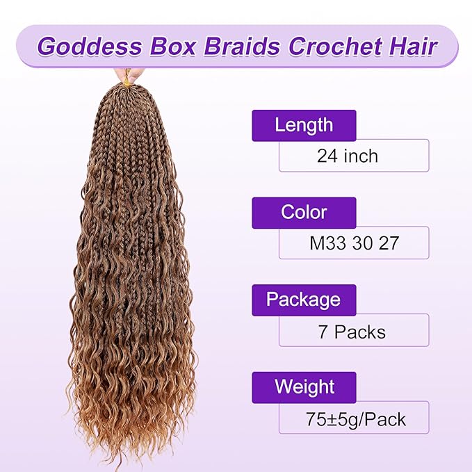 Eacia Goddess Box Braids Crochet Hair 24 Inch 7 Packs Boho Box Crochet Hair with Curly Ends Pre Looped Braids for Women(24 Inch, M33/30/27#)