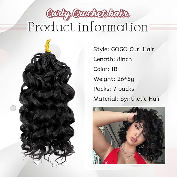 7 Packs Gogo Curl Crochet Hair for Women 8 Inch Pre-Twisted Curly Crochet Hair Pre Looped Deep Ocean Water Wave Beach Curl Crochet Braids Synthetic Braiding Hair Extensions (8 Inch, 1B)