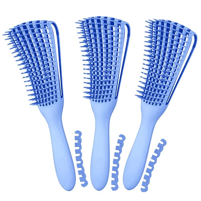 Detangling Brush for Afro American/African 3a to 4c Kinky Wavy/Curly/Coily Hair, Scalp Massage Knots Detangler Comb for Wet/Dry/Oil/Thick/Long Hair (3 pcs, 3-Blue)