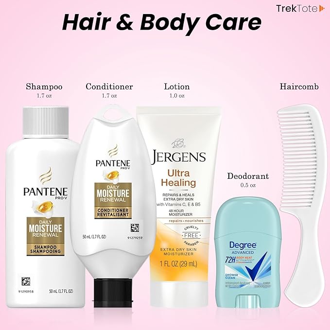 Trektote Toiletry Kit For Women, Featuring Top Brand Toiletries for Whole Body, TSA Compliant Travel Essentials with Shampoo, Conditioner, Lotion, Toiletry Bag & More, 15 Piece Set