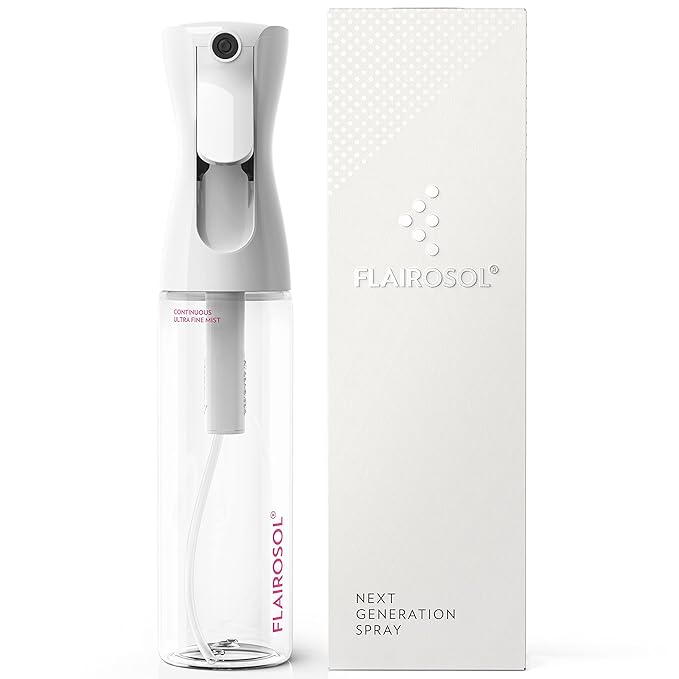 FLAIROSOL - The Original, Continuous Ultra Fine Mist Spray Bottle, Multi-Tasking Marvel for Hair, Skin, Home, Pet Care and more, Refillable and Reusable, 10.1oz/300ml (Clear Bottle-Pink Print)