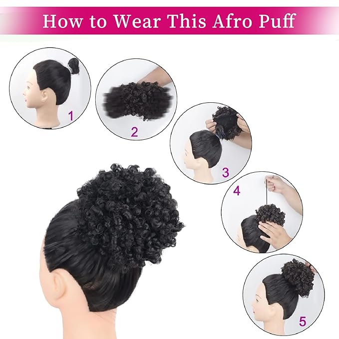 Afro Puff Ponytail for Black Women Culy Wavy Short Drawstring Ponytail Extension Ombre Purple Synthetic Hairpieces Mini Afro Bun(1B-Purple#)