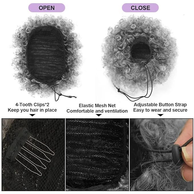 YEAME Afro Puff Drawstring Ponytail for Black Women, Premium Ombre Gray Afro Bun Drawstring Ponytail for Women Girls (1BT0906 Ombre Gray)