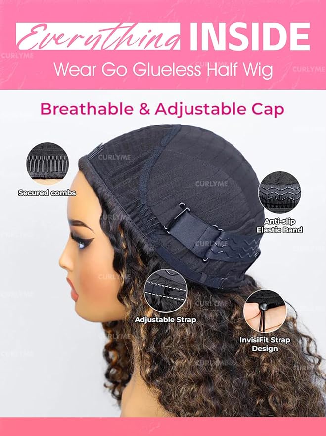 Curlyme Ombre 2/30 Color Kinky Curly Half Wig Human Hair Glueless Install Flexible Fit Flip Over 3 In 1 Highlight Half Wig Adjustable String Flip Over Beginner Friendly Invisible Hairline 24 Inch