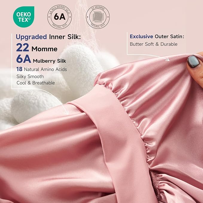 Umisleep Silk Bonnet for Sleeping Women, 22 Momme Mulberry Real Silk, Long Hair Bonnet for Braids & Curls to Reduce Frizz, Double Layer Hair Wrap with Soft Adjustable Tie Band, Pink