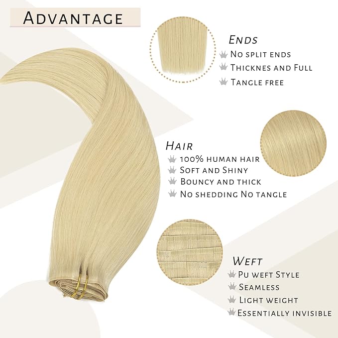 Caliee Seamless Clip in Hair Extensions Real Human Hair 16Inch 60 Bleach Blonde Hair Extensions Ultra Thin 7Pcs 110G Full Head Invisible PU Skin Weft Natural Straight Clip in Hair Extensions