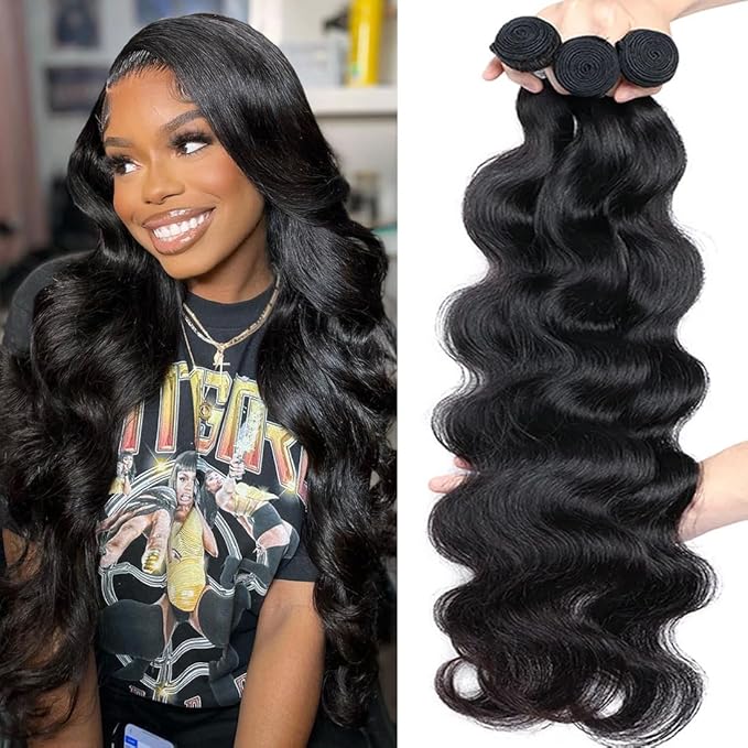 12A Body Wave Bundles Human Hair(26 28 30 Inch)100% Unprocessed Brazilian Virgin Human Hair Body Wave 3 Bundles Hair Extension Full Density for Black Women Natural Color