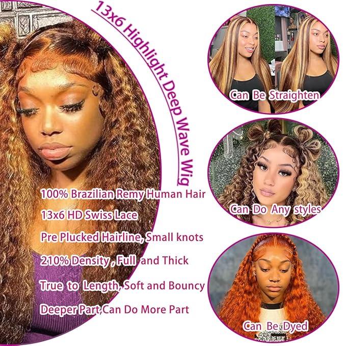 P4/27 Highlight Deep Wave Wig Human Hair 13X6 Highlight Lace Front Wig Human Hair 210% Density Ombre Curly HD Transparent Lace Frontal Wigs Human Hair Wet and Wavy Wig Pre Plucked 22 Inch