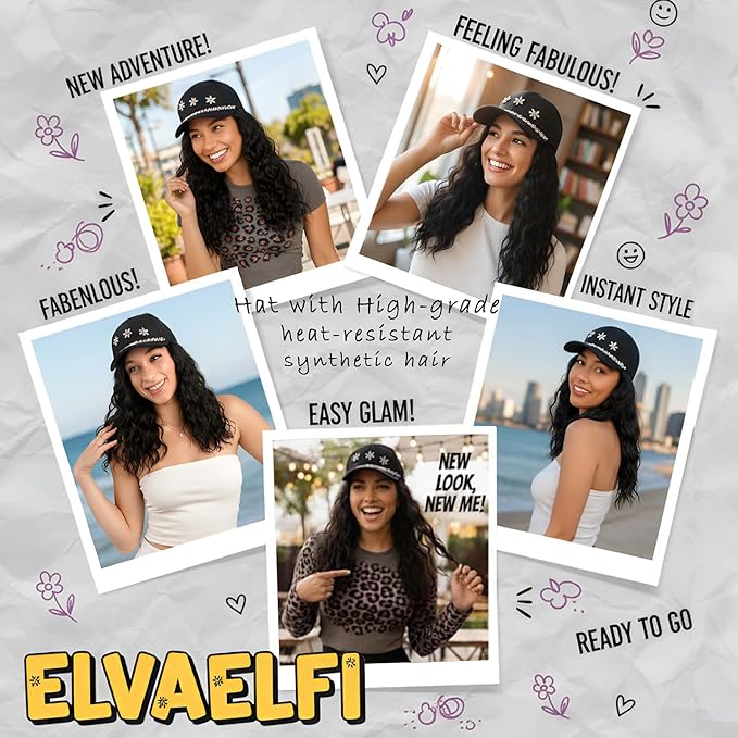 14-Inch Curly Hat Wigs for Women, Synthetic Water Wave Black Hair Wig, Baseball Cap with Hair Extensions