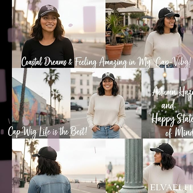 8-Inch Wavy Synthetic Hat Wig, Black Short Bob Wig for Women Ago, Baseball Cap with Hair Attached