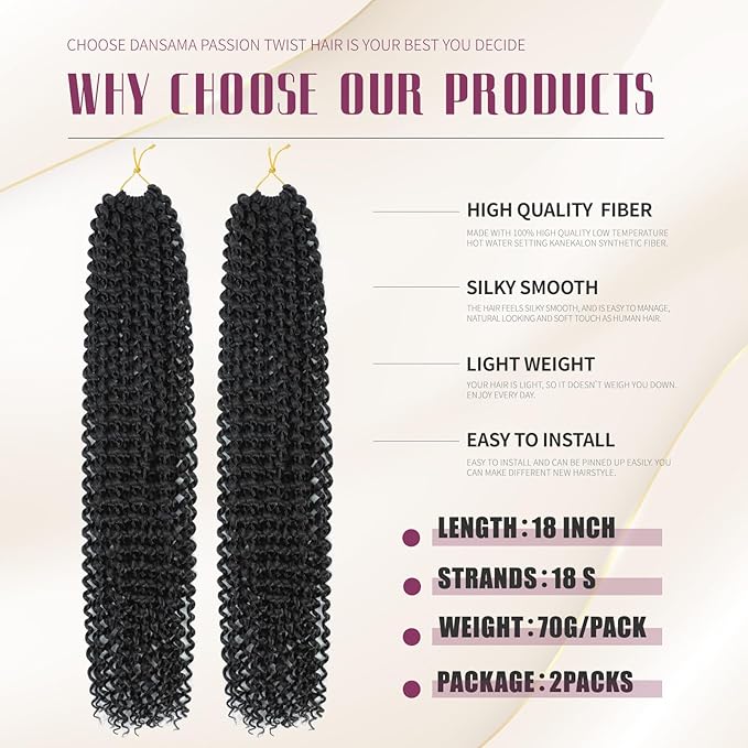 Dansama 2 Packs Passion Twist Hair Water Wave Braiding Hair for Butterfly Style Crochet Braids Bohemian Hair Extensions (18inch (Pack of 2), #1B)