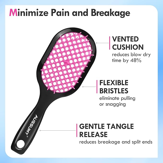 Vented Detangling Hair Brush - 2 Pack Detangler Hairbrush for Effortless Tangle Removal - Ultra-Soft Bristles -For Natural Curly Straight Wet Dry Damaged Hair for Women Men Kids - Black & Pink