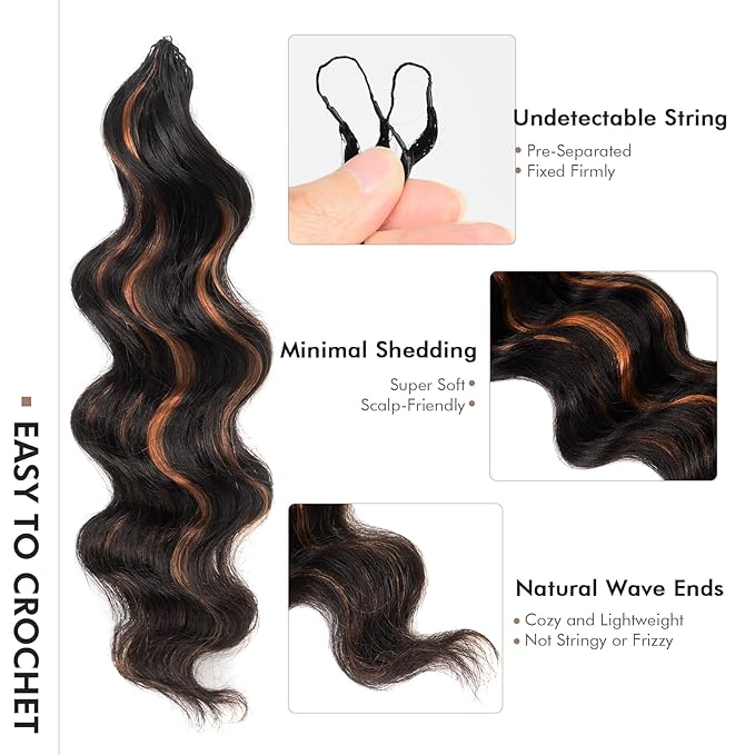 ToyoTress Ocean Wave Feather Crochet Human Hair - 10 Inch 50G Invisible Knotless Water Deep Wave Crochet Human Hair For Black Women Brown Highlight Color Braiding Hair (10 Inch, P1B/30-50G)