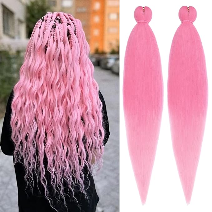 Leeven 26 Inch Pink Braiding Hair Pre Stretched Extensions 2 Packs Box Braids Yaki Texture Crochet Braids Hair Hot Water Setting Synthetic Hair For Crochet Butterfly Braids(pink#)