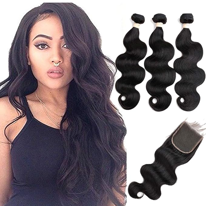 Body Wave Human Hair Bundles with Closure 18 20 22 with 18"Closure 8A Brazilian 100% Unprocessed Brazilian Virgin Hair Body Wave 3 Bundles with Free Part 4X4 Lace Closure Natural Color