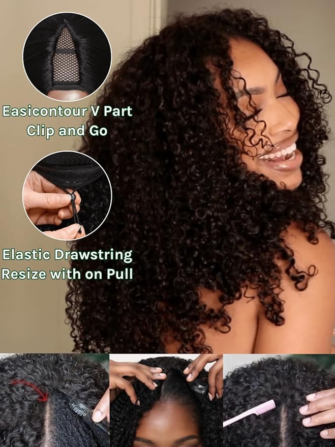 Julia Hair EasiContour 12A V Part Jerry Curly Glueless Wigs Human Hair Clip in Half Wig No Leave Out Vpart Wig Upgrade U Part Human Hair Wigs for Women No Glue Beginner Friendly Natural Color 20 Inch