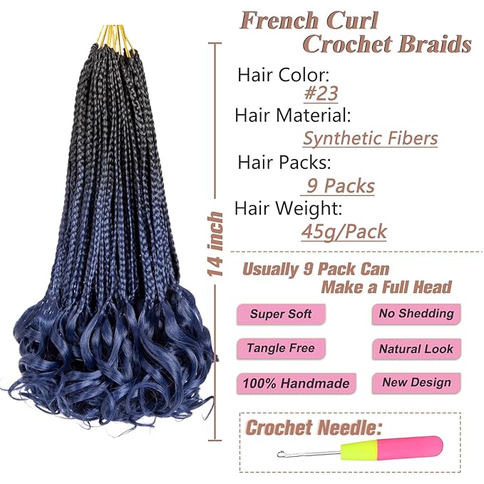 9 Packs French Curl Crochet Braids 14 Inch Box Braids Crochet Hair Pre Looped Dark Blue Goddess Crochet Box Braids with Curly Ends Bouncy French Curly Braiding Hair for Women