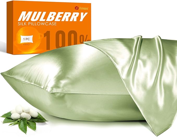 100% Mulberry Silk Pillowcase for Hair and Skin, 22 Momme Pure Natural Silk Pillow Case Both Sided with Zipper, Pillow Cover for Women Mom Men (Light Green, King 20''×36'', 1 Pack)