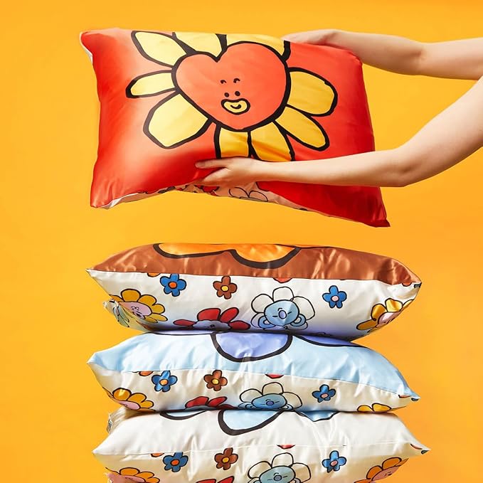Kitsch x BT21 Satin Pillowcase with Zipper – Better Than Silk Pillowcase, Tata Character & Funky Floral Print – Soft Cooling Toddler Bed Time Pillow Case for Hair & Skin – Queen/Standard 19x26