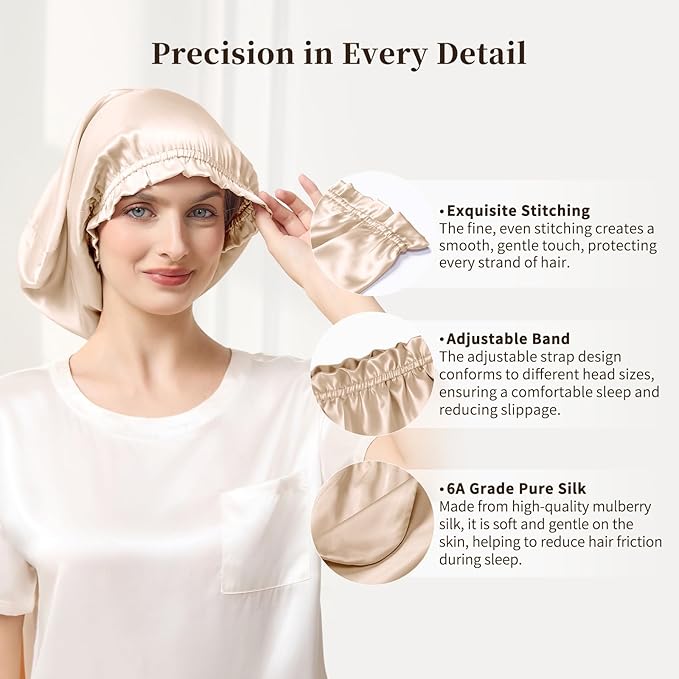 THXSILK 100% Mulberry Silk Bonnet for Sleeping Women, Silk Bonnet with Elastic Band, Hair Wrap Cap for Women Curly Hair, Champagne