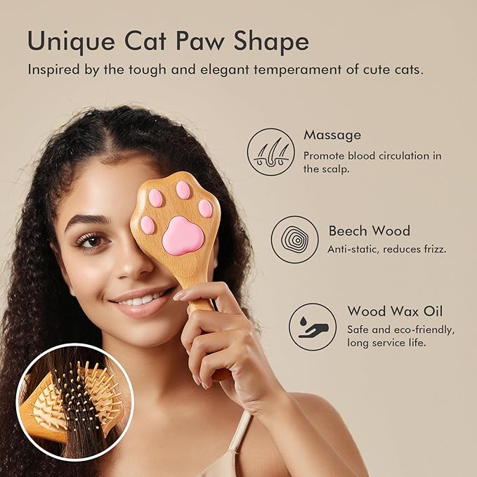 Wooden Brush for Hair Growth: Natural Bristle Brush for Detangling, Reduces Breakage, Massaging Scalp - Curly Hair Brush Pink for Home, Travel & Gift