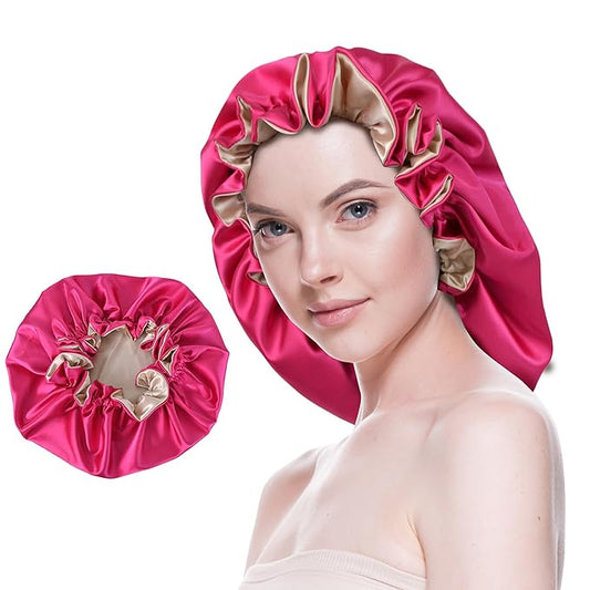 Silk Bonnet for Sleeping Satin Bonnets Double Layer Reversible Hair Cap Bonnet for Women Long Curly Braid Hair (Hot Pink)