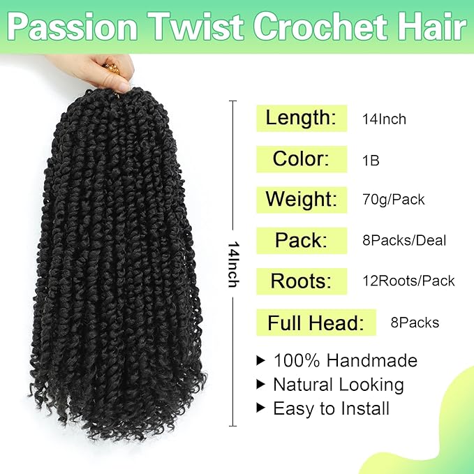 Passion Twist Crochet Hair 14Inch Crochet Passion Twist Crochet Braids for Black Women Passion Twist Hair 8 Packs Pre Twisted Passion Twist hair (1B)