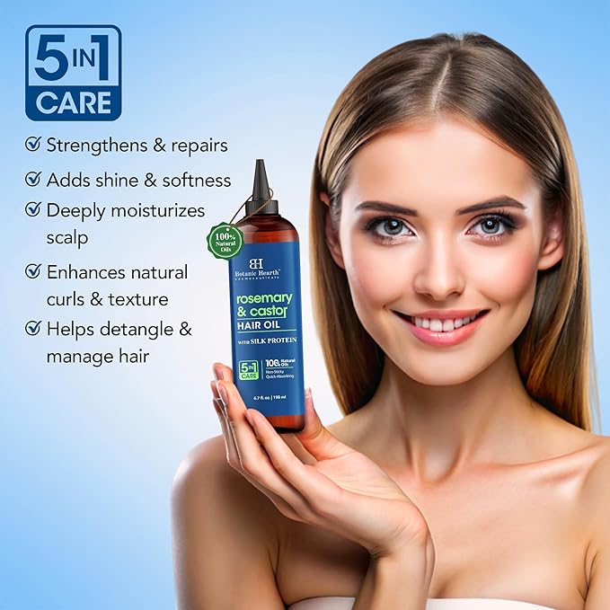Botanic Hearth Hair Oil for Hair Growth & Home Hair Perm Kit | Strengthening Dry, Frizzy, Damaged Hair & Scalp Treatment | Rosemary Castor Hair Oil – 6.7 Fl Oz