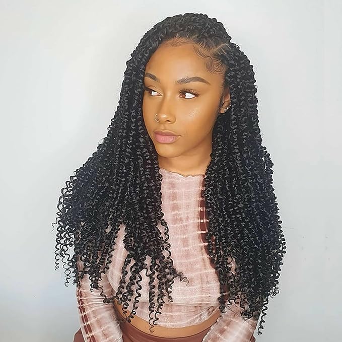 132 strands Passion Twist Hair Water Wave Black Color Curly Crochet Braids For Bomb Twists Goddess locs 18inch Long Bohemian Curl Synthetic Braiding Hair Extensions (18inch, 1B)