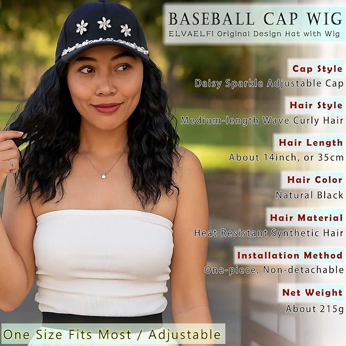 14-Inch Curly Hat Wigs for Women, Synthetic Water Wave Black Hair Wig, Baseball Cap with Hair Extensions