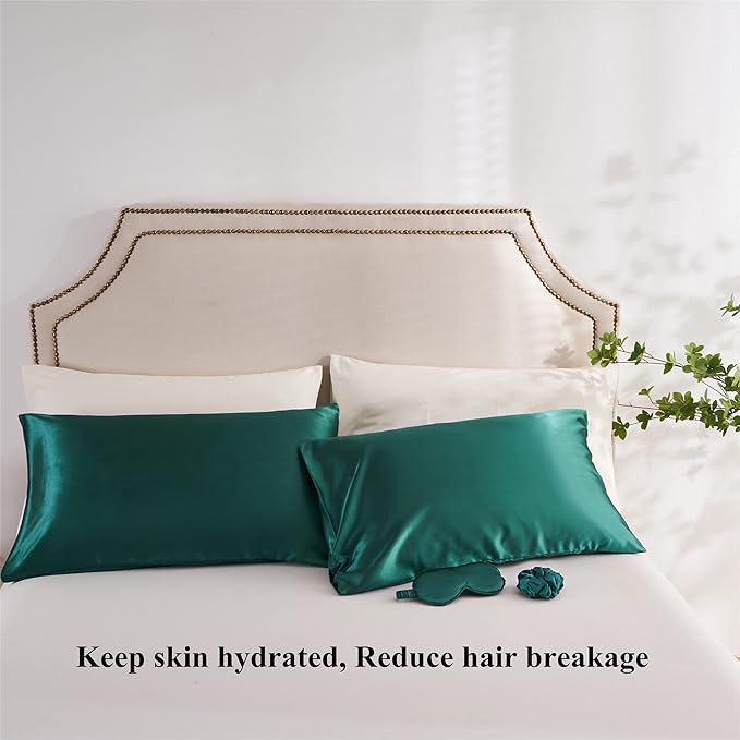 Satin Pillowcase for Hair and Skin, Vegan Silk Pillowcase Set-2 Satin Pillowcases, 1 Eye Mask, 1 Scrunchie-Luxury Sleep Set, Dark Green Pillow Cases Standard Size with Envelope Closure