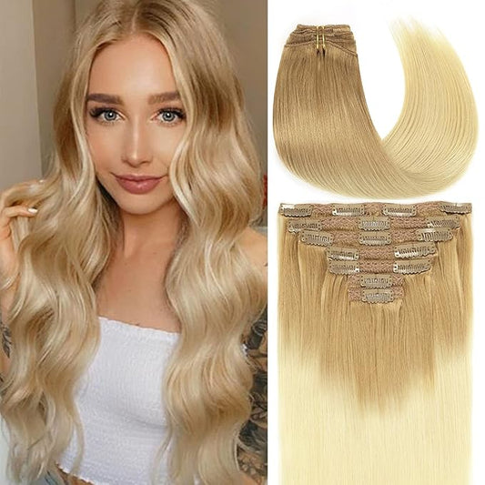 Caliee 18Inch Clip in Hair Extensions - Straight Human Hair, T12/60 Golden Brown to Platinum Blonde, 120G