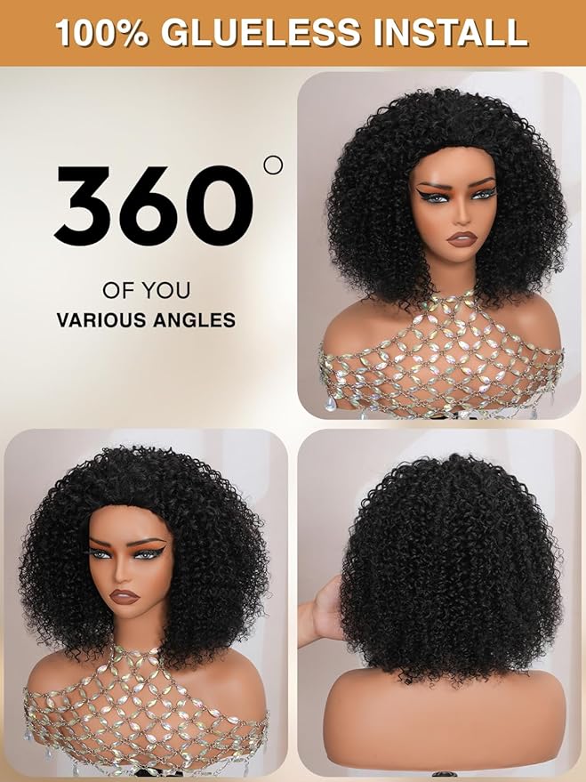 Kinky Curly Half Wig Human Hair 200% Density Wear Go Glueless Wigs Human Hair 3 In 1 Drawstring Seamless Flip Over Wig for Women Daily Wear Headband Wig Beginner Friendly Black (14inch)