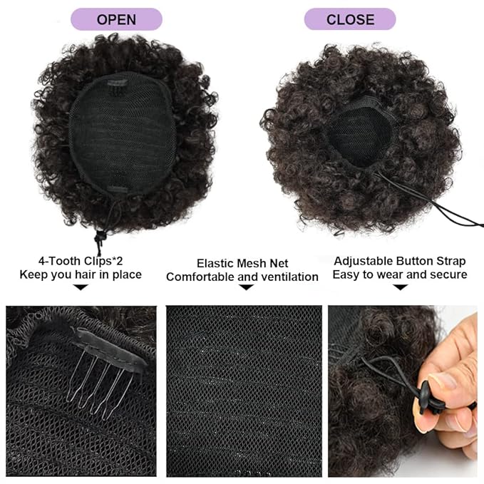 YEAME Afro Puff Drawstring Ponytail for Black Women, Short Kinky Curly Afro Ponytail Synthetic Hair Puffs, Premium Brown Afro Bun Drawstring Ponytail for Women Girls (2 Black Brown)