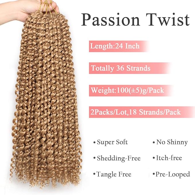 Leeven 24 Inch 2 Packs Water Wave Passion Twist Crochet Hair Blonde Hot Water Setting Synthetic Passion Twists Crochet Braids Hair for Butterfly Locs 36 Strands 27#