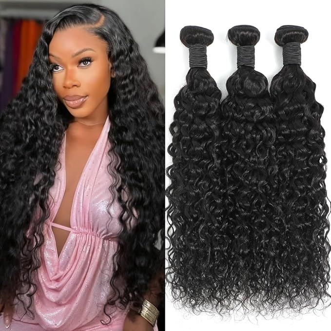 16 16 18 Inch Water Wave Human Hair Bundles Brazilian Virgin Human Hair Bundles 12A Deep Water Wave Bundles 100% Real Human Hair Extensions Natural Black