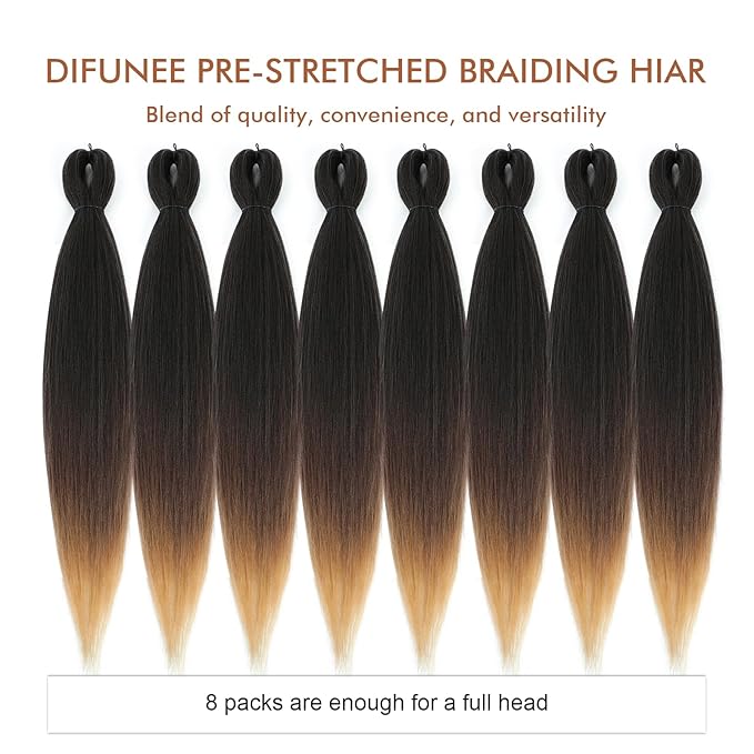 Pre-stretched Braiding Hair - 28 Inch 8 Packs 3 Tones Ombre Brown Braiding Hair For Twist or Box Braids, Yaki Texture Hot Water Setting Synthetic Long Braiding Hair (28 Inch, 1B/30/27-8P)