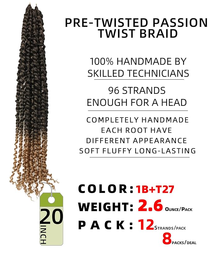 20 Inches 8 Packs crochet twists pre looped，Mixed Colors Combo Pack(6 packs 1B+ 2 pack T1B/27),Passion Twist Crochet Hair-Super Long Pre-twisted Pre Looped Hair Extensions(20"-8 Packs,1B+T27)